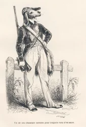 Cão com roupas de caça. Vinhetas ilustradas por JJ Granville. Gravura assinada Caque na parte intitulada "Souvenirs d
