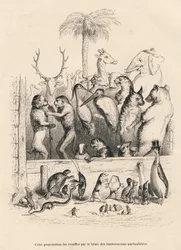 Conversa entre os animais . Vinhetas ilustradas por JJ Granville. Gravura assinada Breviere no prólogo intitulado "Resume parlementaire" escrito por PJ Stahl em "Scenes de la vie privee et publique des animaux". Paris, J. Hetzel e Paulin