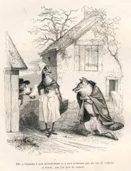 Conversa entre um cão, uma galinha e uma raposa. Vinhetas ilustradas por JJ Granville. Gravura assinada Godard na parte intitulada "Un renard pris au piege", escrita por Charles Nodier em "Scenes de la vie privee et publique des animaux". Paris, J. H.