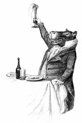 Pormenor de uma gravura de Grandville, extraída do livro A Vida Privada e Pública dos Animais (Les animaux ints par eux memes), edição Hetzel 1867 - Hipotamo mundano à mesa levantando o copo e fazendo um brinde.