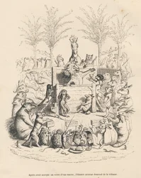 Discurso político do leão numa galeria rodeado por todos os outros animais. Vinhetas ilustradas por JJ Granville. Gravura assinada por Godard no prólogo intitulado "Resume parlementaire" escrito por PJ Stahl em "Scenes de la vie privee et publique des an
