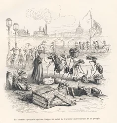 Formigas em plena actividade nas margens do Sena. Vinhetas ilustradas por JJ Granville. Gravura assinada Porret na parte intitulada "Voyage d