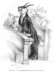 Gravura de Grandville, extraída do livro A Vida Privada e Pública dos Animais (Les animaux ints par them memes), edição Hetzel 1867 - Caricatura de uma assembleia política humana - Nas caravanas ocupadas por vários animais (cães, burro, hipopótamo...), um 
