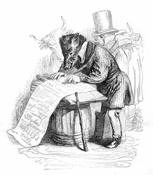 Gravura de Grandville do livro "Vida privada e pública dos animais (Les animaux pintés par eux memes)", edição Hetzel 1867 - Caricatura: javali a escrever uma petição.