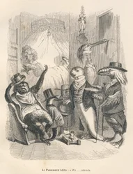 O preguiçoso bocejou que ele estava à espera. Vinhetas ilustradas por JJ Granville. Gravura assinada Godard na parte intitulada "Les animaux medecins" escrita por Pierre Bernard em "Scenes de la vie privee et publique des animaux". Paris, J. Hetzel e Pauli
