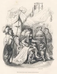 Os filhotes de leão recebem a bênção do rei leão. Vinhetas ilustradas por JJ Granville. Gravura assinada por Breviere na parte intitulada "Voyage d