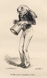 Lebre medrosa em trajes de dança. Vinhetas ilustradas por JJ Granville. Gravura assinada Breviere na parte "Histoire d