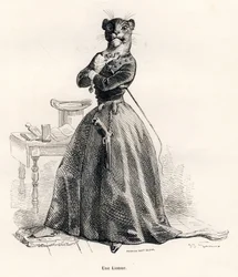 Lioness com uma arma e um chicote. Vinhetas ilustradas por JJ Granville. Gravura assinada por Andrew, Best e Leloir na parte intitulada "Voyage d