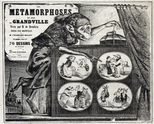 Literatura. A Metamorfose Diária, do caricaturista Jean Jacques Grandville. Cartaz, França