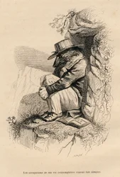 Loup retranche dans sa solitude contemplative. Vinhetas ilustradas por JJ Granville. Gravura assinada Caque na parte intitulada "L
