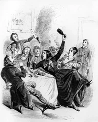 Almoço de rapazes dos 2 sexos: homens e mulheres a beber álcool e a fumar, desenho de Jean Ignace Isidore aka JJ Grandville