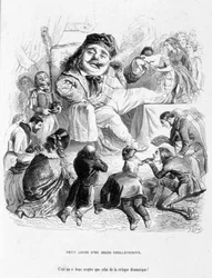 A gozar com o poder de um crítico dramático. Desenho animado Em "Jérôme Paturot em busca de uma posição social" de Louis Reybaud