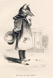 O meu herói era bom de levar. Vinhetas ilustradas por JJ Granville. Gravura assinada Godard na parte intitulada "Un renard pris au piege", escrita por Charles Nodier em "Scenes de la vie privee et publique des animaux". Paris, J. Hetzel e Paulin