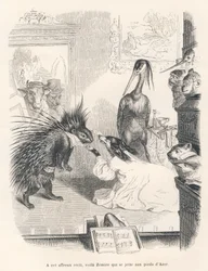 Ópera com um porco-espinho, um cão e uma garça no palco. Vinhetas ilustradas por JJ Granville. Gravura assinada Godard na parte intitulada "Le premier feuilleton de Pistolet" escrita por Jules Janin em "Scenes de la vie privee et publique des animaux".