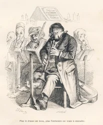 Orquestra com um cão tocando flauta com pintinhos saindo do instrumento musical. Vinhetas ilustradas por JJ Granville. Gravura assinada Caque na parte intitulada "Le premier feuilleton de Pistolet" escrita por Jules Janin em "Scenes de l