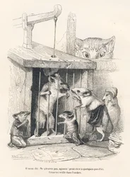 Armadilha : Gato a ver se os ratos vêm chorar por aquele que foi feito prisioneiro. Vinhetas ilustradas por JJ Granville. Gravura assinada por Andrew, Best e Leloir na parte intitulada "Le rat philosophe", escrita por Edouard Lemoine em "Scenes de la vie p