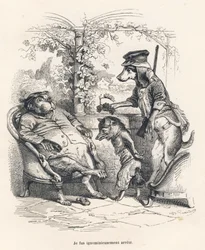 A Raposa parou por um cão. Vinhetas ilustradas por JJ Granville. Gravura assinada Godard na parte intitulada "Un renard pris au piege", escrita por Charles Nodier em "Scenes de la vie privee et publique des animaux". Paris, J. Hetzel e Paulin