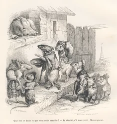 Rato a dar caridade a um porco. Vinhetas ilustradas por JJ Granville. Gravura assinada por Andrew, Best e Leloir na parte intitulada "Le rat philosophe", escrita por Edouard Lemoine em "Scenes de la vie privee et publique des animaux". Paris, J. Hetz