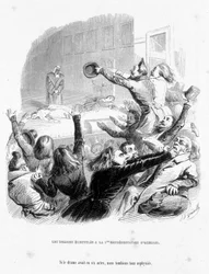 Os romanos têm a primeira representação de Hernâni por Victor Hugo (1830). Cartum em "Jerome Paturot em busca de uma posição social" escrito por Louis Reybaud