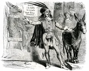 O charlatão: Fábula de La Fontaine ilustrada por Grandville. Edição Garnier 1860. Este capitão torna difícil fazer de cada burro um cientista.