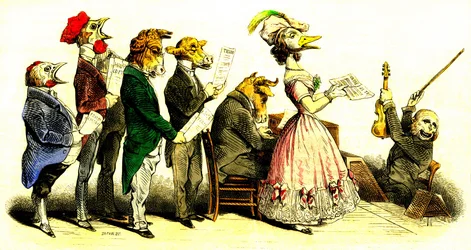O concerto vocal - Coral: cantores uma cabeça de animais com maestro representando um macaco - litografia de Grandville (Jean Ignace Isidore Gerard 1808-1847) do livro "Les Metamorphoses du Jour" 1828.