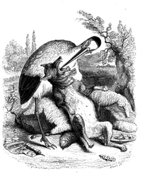 O lobo e a cegonha: Fábula de La Fontaine ilustrada por Grandville. Edição Garnier 1860. A cegonha é representada como um médico (recompensas erradas para o seu devouement!)