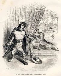 Tigre a entrar no palco com uma faca na mão. Vinhetas ilustradas por JJ Granville. Gravura assinada Godard na parte intitulada "Le premier feuilleton de Pistolet" escrita por Jules Janin em "Scenes de la vie privee et publique des animaux". Paris, J. H.