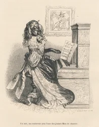 Um cão a cantar ao piano. Vinhetas ilustradas por J. J. Grandville. Gravura assinada por Andrew, Best e Leloir na secção intitulada «Peines de cour d