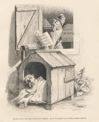 Um cão preguiçoso em seu canil despertado por um galo cantando ao amanhecer. Vinhetas ilustradas por JJ Granville. Gravura assinada Breviere na parte "Histoire d