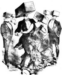 Ilustração não assinada para a partitura musical de uma obra de Emile Fischer intitulada "Polka des hamteaux", final do século XIX - início do século XX - esta composição anónima evoca tanto as invenções do precursor Grandville como as dos futuros surreali