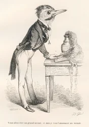 Vai ser um grande sábio, e eu vou anunciá-lo ao mundo. Gravura assinada por Tamisier na parte intitulada «Guia-burro para uso dos animais que querem alcançar as honras», escrita por Honoré de Balzac