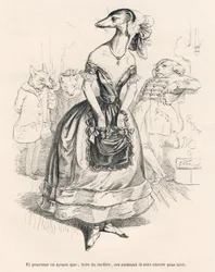 ... fora do teatro, estes animais são ainda mais feios. Vinhetas ilustradas por JJ Granville. Gravura assinada Godard na parte intitulada "Le premier feuilleton de Pistolet" escrita por Jules Janin em "Scenes de la vie privee et publique des animaux