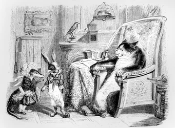 O gato, a doninha e o coelhinho, ilustração para as Fábulas de La Fontaine (1621-95), publicada por H. Fournier Aîné, 1838