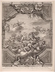 Apollo distribui recompensas e Minerva coroa o génio da França
Apollon distirbuë des recompenses aux Sçiences et aux Arts, et Minerve couronne le Genie de la France (título sobre o objecto)
Quadros de tecto no Palácio de Versalhes (título da série)