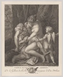 Vênus de luto por Adonis, sentado debaixo de uma árvore e abraçando-o, com Cupido à direita, c..., c. 1786.