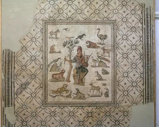 Orfeu rodeado de animais, mosaico policromado