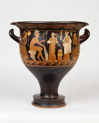 Um sino-krater da Campânia pelo Pintor Ca retratando um guerreiro sentado e duas mulheres, século 4 a.C.