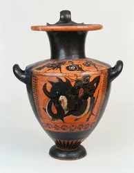 Uma hidria ática de figura negra representando Atenas e Hércules em combate, e abaixo, Hércules lutando com Nereos, c.520 aC
