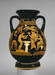 Pelike Apulian-figura-vermelha decorada com uma cena de uma noiva em sua toilette, o Grupo Suckling, encontrado em Basilicata, c.375-350 aC (cerâmica)