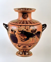 Hídria jónica arcaica representando Héracles a levar Cérbero a Euristeu, de Cerveteri, c. 530 a.C.