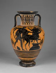 Ânfora de pescoço de figura negra ática ateniense com Héracles e centauro, c.480-60 aC (terracota)