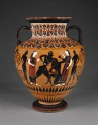 Ânfora ática de pescoço, de figuras negras, com Teseu a matar o Minotauro, c. 550 a.C.