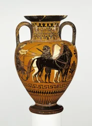 Ânfora de pescoço de figura negra ática com apoteose de Héracles, c.530-20 aC (terracota)