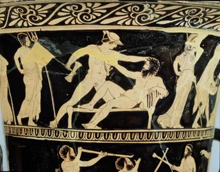 Cratera de cálice ático de figuras vermelhas decorada com cenas de aventuras de Theseuss, detalhe de Teseu e o gigante Procrustes, do pintor Dinos, c.425 BC cerâmica