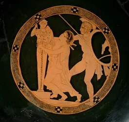 Copa ática de figuras vermelhas representando Cassandra perseguida por Ajax buscando refúgio por um xoanon de Atena, c.430 aC (cerâmica)