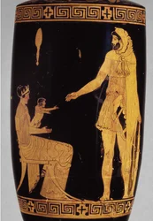 Lekythos de figuras vermelhas áticas representando Herakles detalhe cerâmico de 100581