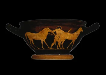 Skyphos áticos de figuras vermelhas, representando Herakles e as éguas de Diomedes (cerâmica)