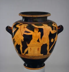 Estames áticos de figuras vermelhas decoradas com Heracles e Busiris, o rei do Egito, por um seguidor tardio do pintor berlinense, de Vulci, c.470-460 aC (cerâmica)