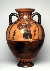 Vaso em figura negra representando Athena brandindo um escudo e uma lança, 550 AC (cerâmica)