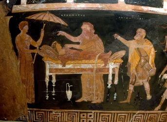 Arte grega: vaso de Arquémoro: o funeral de Arquémoro (Ofeltes). Pintura do Pintor de Dario. Proveniente de Ruvo. Século IV a.C. Museu Arqueológico Nacional, Nápoles